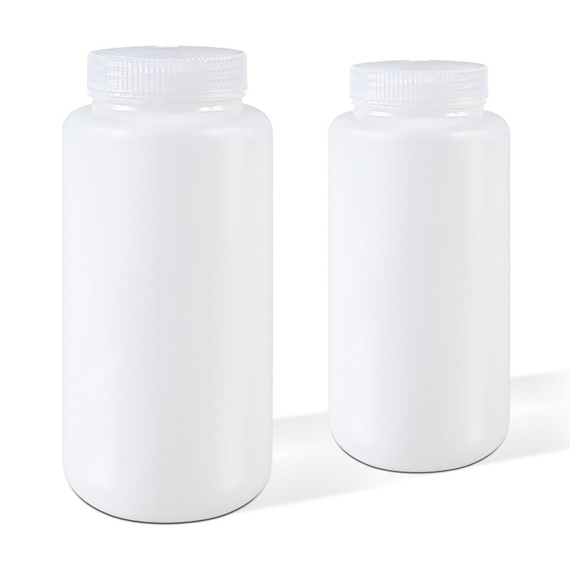 DEMORA 32 oz Plastic Bottles with Lids, Airtight Refillable Wide Mouth Travel Bottles for Toiletries, HDPE Food Grade Plastic Containers for Liquids Pill Water Sample Lab Reagent (Translucent, 2 Pcs) - Image 1